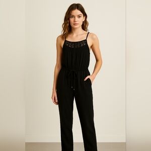 Old Navy Black Cotton Gauze Jumpsuit XS Boho Chic Crochet Lace Trim‎ Tassel Tie